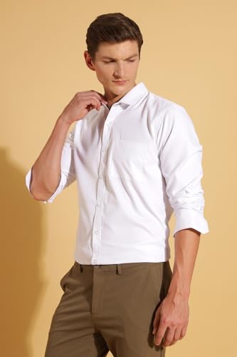 Image of Fyltr Men's Regular Fit Shirt - Dobby Self Design| Full Sleeve | Functional Patch Pocket | White Formal Shirts for Men