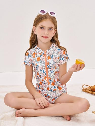 Batermoon Girls One Piece Swimsuit Mock Neck Zipper Short Sleeve Rash Guard Bathing Suit 4-14Y3