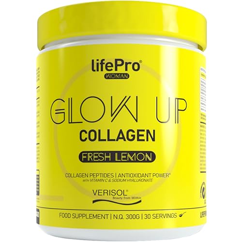 LIFE PRO NUTRITION Collagen Glow Up 300g, Formulado con Péptidos de colágeno, Favorece el Crecimiento de las Uñas y el Cabello, Mejora el Estado de la Piel (FRESH LEMON)