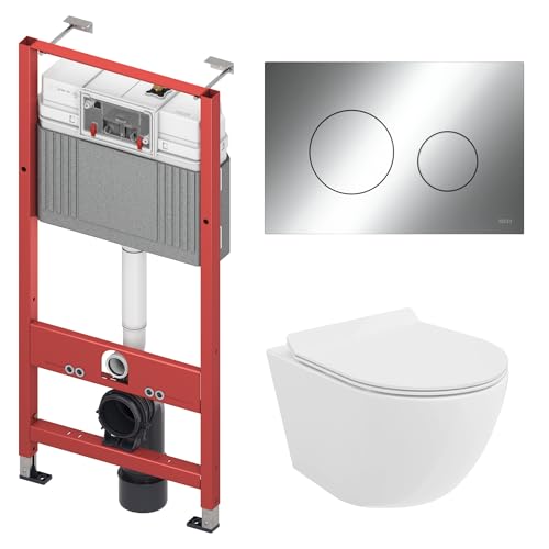 BADLAND WC-Vorwandelement Set TECEbase mit Wand-WC Rolo Weiß, Schallschutzmatte & Betätigungsplatte Chrom – Komplettset für Trockenbau & Vorwandinstallation