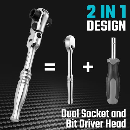 Image of DURATECH 1 /4 inch Drive Ratchet Handle, 2 in 1 Flex Head, Socket & Bit Driver