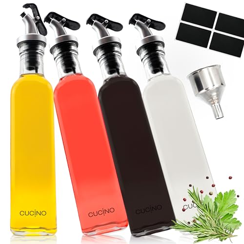 Cucino Juego de dispensador de vinagre y Aceite - (Madeira) 4 Botellas de Vidrio de 250 ml con Embudo metálico y Etiquetas para el etiquetado | a Prueba de Fugas y Goteo | con tapón antisuciedad