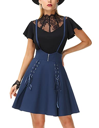 Women Vintage Overall High Waist Suspender Skirt Pinafore Dress Navy Blue 2XL
