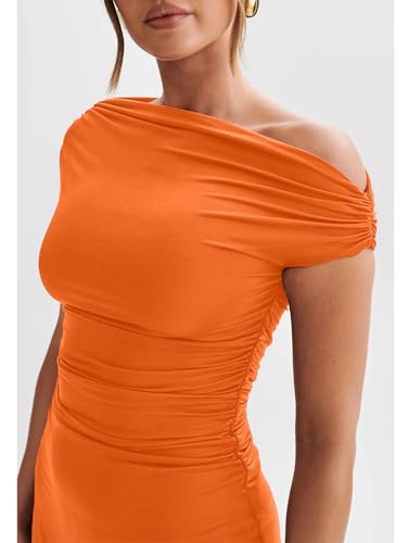 Image of LAGSHIAN Womens Off Shoulder Sleeveless Ruched Flare Mini Dress | Sexy,Summer,Slim Fit,Stretch,Trendy,Double Layer,A-line,Cocktail Party,Club,Night Out,Date,Asymmetrical Shoulder