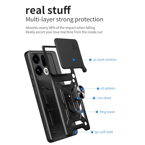 Image of Casodon Heavy Duty Back Case Cover for Oppo Find X9 5G, Shockproof Oppo Find X9 Back Cover, Ring Case with Kickstand and Camera Protection Shutter - Black