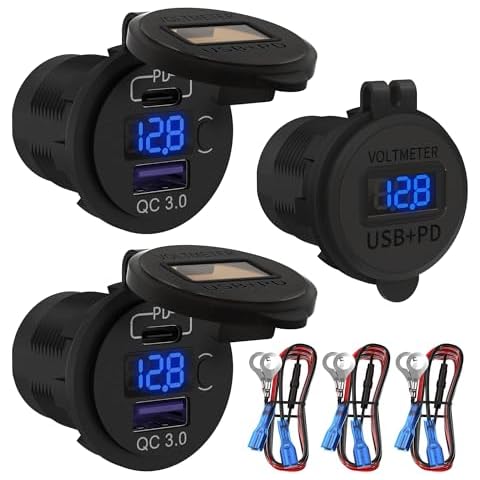 DaierTek 12V USB C Car Charger Socket, 12V USB Outlet, 48W PD Type C & QC 3.0 12 Volt Dual USB Charging Socket Port Waterproof with Voltmeter & ON/Off Switch for Car Marine Boat Golf Cart -3Pack Cover