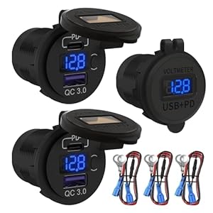 DaierTek 12V USB C Car Charger Socket, 12V USB Outlet, 48W PD Type C & QC 3.0 12 Volt Dual USB Charging Socket Port Waterproof with Voltmeter & ON/Off Switch for Car Marine Boat Golf Cart -3Pack