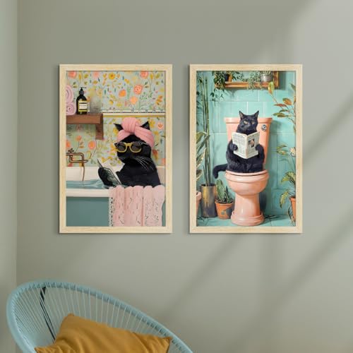 Image of ArtX Paper Boho Cat Art Paintings with Frame for Home Decor, Abstract Wall Painting for Living Room, Multicolor, Natural Wood Color Frames, 12.0 x 18.0 inch, Set of 2
