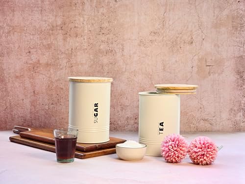 Image of JISCOVERY Airtight Tea & Sugar Container Set of 2| Metal Storage Canister with Wooden Lid for Kitchen| Storage Box for Kitchen Counter Top| 1300 ML| Beige