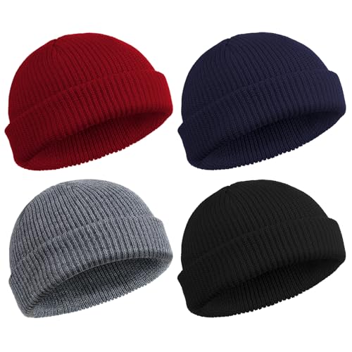 SATINIOR 4 Pieces Trawler Beanie Watch Hat Roll up Edge Skullcap Fisherman Beanie Unisex (Black, Navy, Dark Gray, Wine Red)