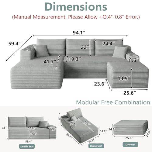 Image of Boneless Cloud Couch Comfy Sectional Couches for Living Room,U Shaped Sofa Couch in a Box with Ottoman Deep Seat Memory Foam Compressed Sofa(Light Gray, 95 inch Left Facing Chaise)