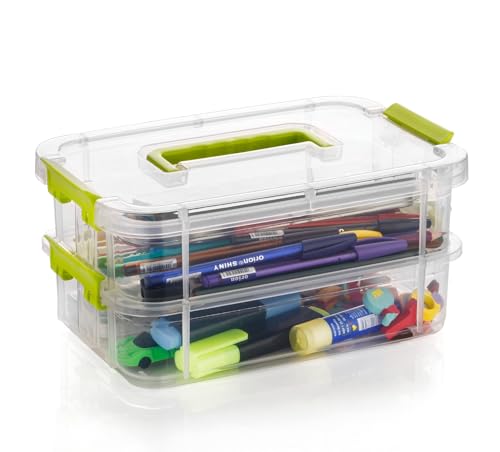 Image of plastic boxes for Storage transparent boxes for storage, Portable & Stackable Space Saving Organiser with Lid for Medicine, Jewelry, Arts & Crafts, Buttons, Beads (Green, 2 TIER WITH 1 TRAY)