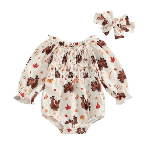 Newborn Baby Girl Thanksgiving Outfit Turkey Bubble Romper Long Sleeve Ruched Bodysuit Headband Cute Fall Clothes