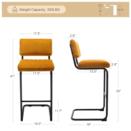 Image of Modern Barstools Set of 2, Comfy Bar Chairs with Velvet Upholstery Foam, 30'' Bar Height Stools for Kitchen Island, Armless Kitchen Stools for Dining Room, Orange