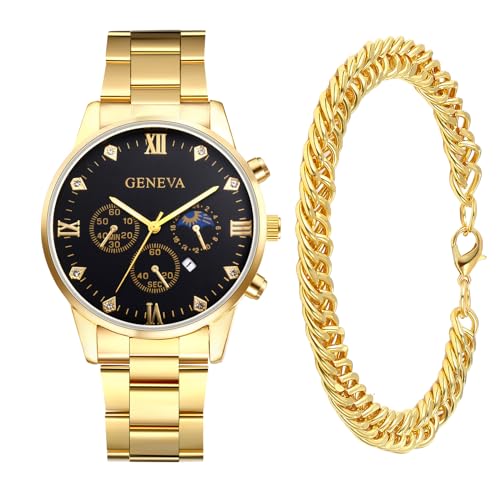 JewelryWe - Set Orologio al quarzo da uomo con Bracciale Cubano, quadrante in lega decorato con tre contatori finti, cinturino in acciaio inox, color oro, con sacchetto regalo