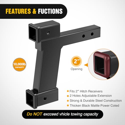 Image of Nilight Trailer Hitch Extension Riser for 2 Inch Receiver with 2 and 10Inch Rise or Drop with Bolt Nut Clip 10,000 lbs Capacity Adjustable Extend 8 inch 10 inch Length Black Coated for Class I-VI Receivers