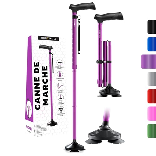 HoneyBull Canne de Marche Tripode en Aluminium pour Hommes et Femmes Pliable Réglable Robuste Tout Terrain Anti Dérapant, Aide à la Mobilité Personnes...