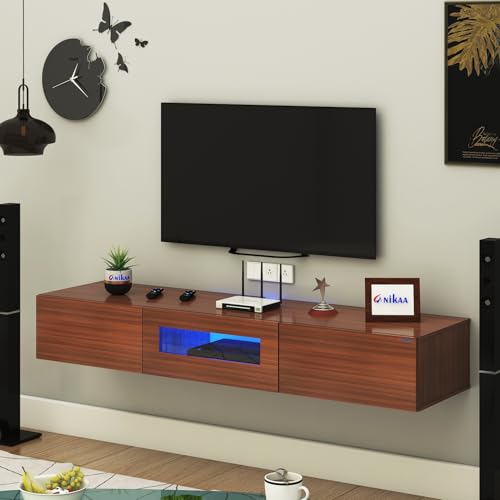 Image of Anikaa Lucen Wall Mount Modern Floating TV Unit for Living Room | 3 Closed Storage cabinets with hinged Door - Blue Color LED Light | Ideal for UP to 55 Inch TV (Walnut Finish - DIY Installation)