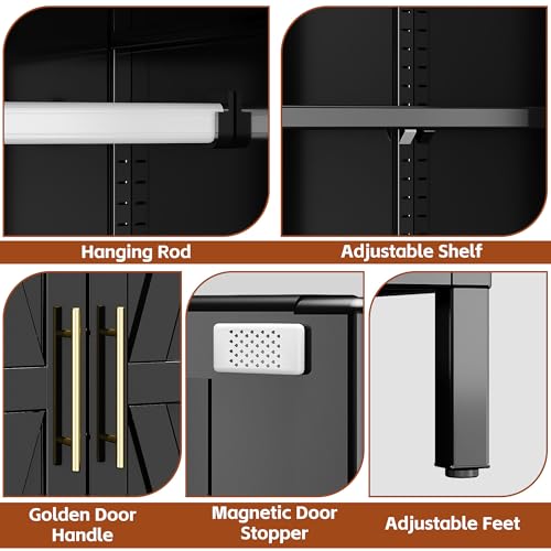 Image of SUPEER Metal Wardrobe Closet with Drawers & Hanging Rod - 71 inch Tall Armoire Storage Cabinet for Bedroom,2 Drawers + Adjustable Shelf, 4 Leveling Feet, Black,Required Assembly