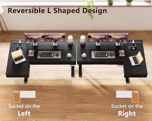 Image of OffiGo 55 Inch L Shaped Standing Desk with 4 Wooden Drawers, Black