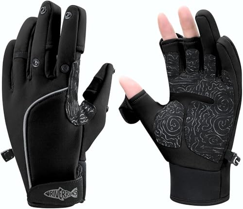 Riverruns Flexible Fishing Gloves Fleece Lining Windproof Ice Fishing Gloves Water-Repellent Touchscreen 3 Cut Fingers