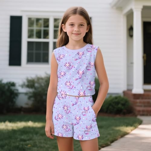 Girls' Sleeveless Tshirts and Shorts 5-14 Year Summer Two Piece Crop Tank Top Sets Comfy Kids Clothing3