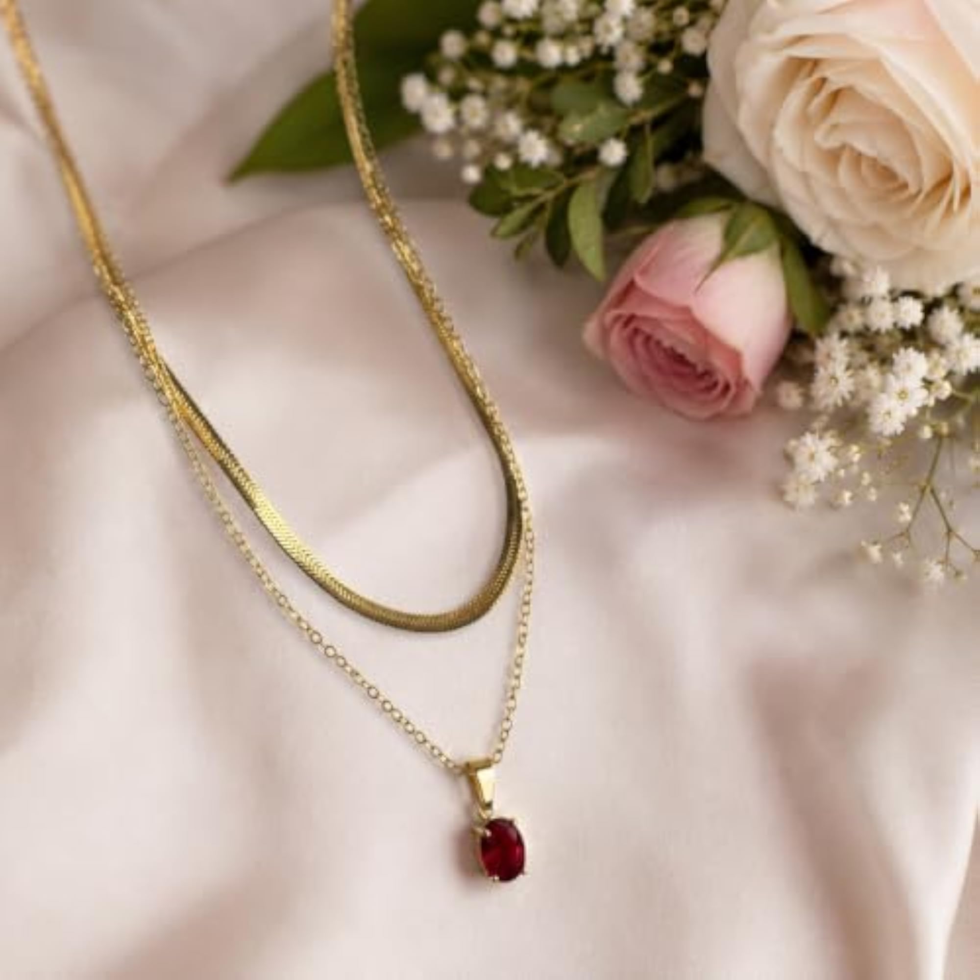 Ruby Red Stone Snake Chain Layered Necklace for Women