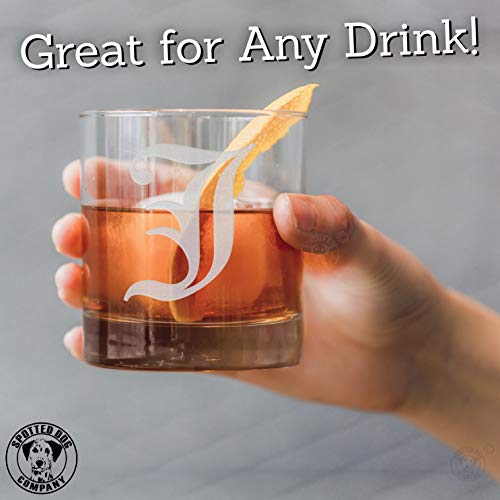 Etched Monogram 10.5oz Rocks Old Fashioned Lowball Glass for Whiskey Scotch Bourbon (Letter J)