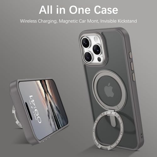 Image of DIZORO 360Rotatable Magnetic Ring Case Compatible for iPhone 16 Pro Max Back Cover Compatible with MagSafe[Non-Slip Edge] Built-in Kickstand Translucent Matte Silicone Bumper Slim, Natural Titanium.