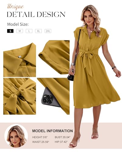 Image of ECOWISH Womens Casual Midi Dresses Solid V Neck Short Sleeve Button Shirt Belted Dress with Pockets for Spring Summer 2026