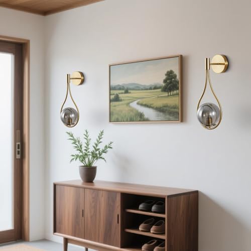 Image of KCO Lighting Teardrop Wall Lights Brushed Gold Wall Sconces Bedroom Brass Glass Globe Wall Sconces Set of Two Vintage Bathroom Vanity Light Fixtures