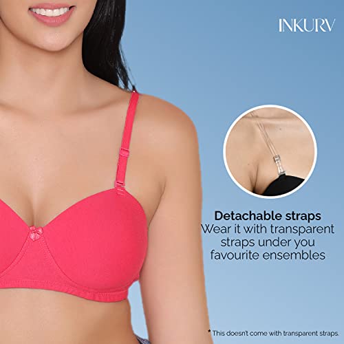 Image of INKURV Cotton Rich Padded T-Shirt Bra for Women, Seamless, Non-Wired with Detachable Straps, Sweet Heart Neckline, Everyday Bra 3 /4th Coverage with no spillage- ROMI Combo of 2