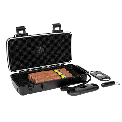 Linkidea Set di custodie per sigari da viaggio, umidificatore portatile con tagliasigari ad anello, taglio a V e punzonatrici, impermeabile e ermetico, regalo per uomo (nero), Nero , moderno