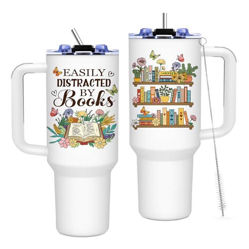 TNASURHUS Book Lovers Gifts for Women, Library 40oz Tumbler with Handle and Straw, Bookish Gifts for Women Readers Librarian, Birthday Gift for Mom Daughter Sister, Book Accessories Travel Mug