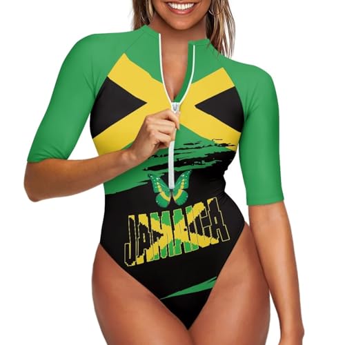 Women Cool One Piece Sexy Deep V Zipper Half Sleeve Swimsuit Elastic Fitting Conservative Sexy Beachwear