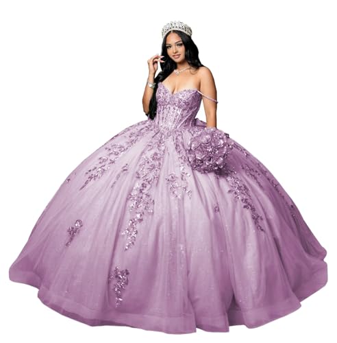 Ftupza Lace Appliques Quinceanera Dresses with Detachable Bow Glitter Tulle Ball Gown Spaghetti Straps Sweet 16 Dress