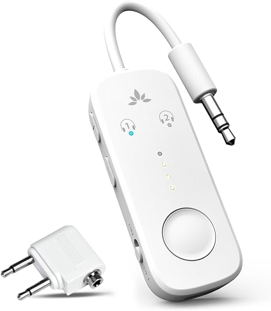 Avantree Relay – Airplane Bluetooth Adapter for AirPods, Bose & Wireless Headphones, Qualcomm Chip, aptX Adaptive & HD Audio Transmitter, 25Hrs Battery, 3.5mm AUX for Flight, Travel & Gym