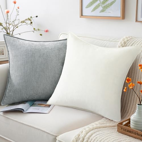 decorUhome Couch Throw Pillow Covers 24x24 Set of 2, Decorative Soft Euro Neutral Chenille Pillow Covers with Elegant Design for Sofa Bed Living Room Home Decor, Ultimate Gray