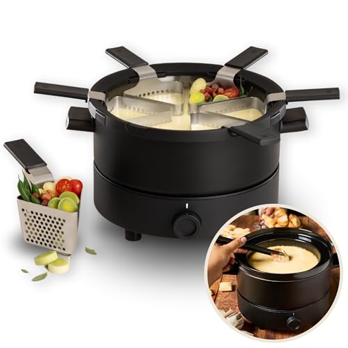 Evolution 3 en 1, Fondue eléctrica Set para el caldo, queso y chocolate. Fondue Pot con tazón de doble boil de cerámica, base resistente al calor, control de temperatura, 6 canastas perforadas y