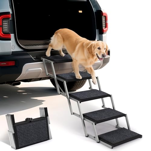 Dog Steps for Car, Truck and SUV - Foldable Pet Stairs for Large Dogs with Non-Slip Rug Surface, Lightweight Dog Ramp Holds Up to 250lbs, 5 Steps