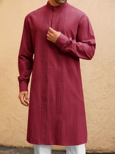 Image of Runcati Mens Kaftan Robe Button Down Long Sleeve Cotton Linen Thobe Casual Muslim Gown Henley Shirt