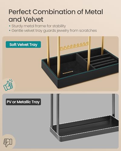 Image of SONGMICS Jewelry Holder, Jewelry Organizer Display Stand with Metal Frame, Velvet Tray, Necklace Earring Bracelet Holder, for Studs, Rings, Gift Idea, Pale Gold and Ink Black UJJS021AB02