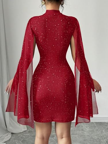 Women's Sequin Cloak Sleeve Dress Mock Neck Cocktail Long Flowy Sleeves for Going Out Fromal Prom Party4