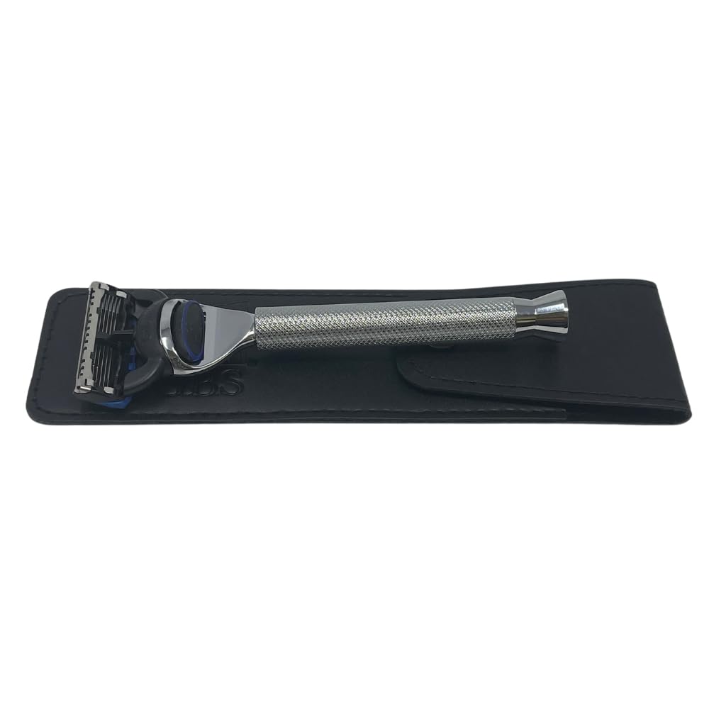 G.B.S Rasoir ergonomique à manche long et élégant avec étui de protection en cuir pour voyage, chromé
