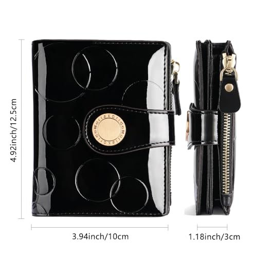 Fashionable genuine leather women's wallet, multiple card slots, short three fold style, zipper and snap closure, RFID shielding protection credit card clip, foldable wallet (Black)3