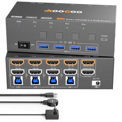 KVM Switch 4 PC 2 Monitore 8K@60Hz/4K@144 Hz Dual Monitore HDMI KVM Switches Mit EDID Funktion kabelgebundener Fernbedienung, Netzteil und USB3.0 Kabel im Lieferumfang enthalte