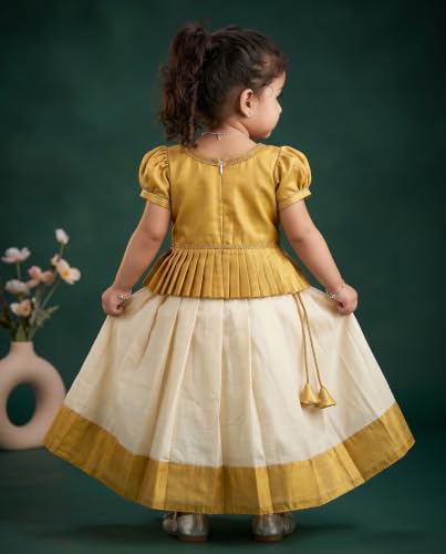 Image of Stanwells Kids Baby Girl Dress Cream Gold Pattu Pavadai Cotton Silk Lehenga Choli Kerala Kasavu South Indian Onam Festival Traditional Ethnic Wear