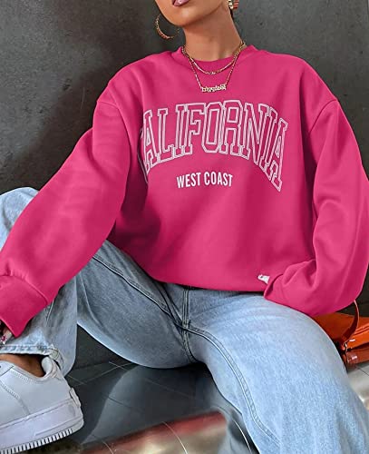 Cioatin Women’s Oversized California Letter Graphic Crew Neck Sweatshirt Drop Shoulder Baggy Fleece Pullover Preppy Top Hot Pink #TOP3