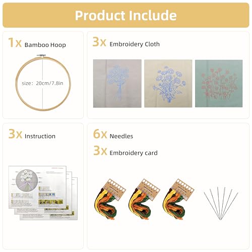 Image of KEKEMEOW 3 Sets Embroidery Kit for Beginners, Stitches with Wild Flower Patterns, DIY Cross Stitch Kits for Adults, Needlepoint Hand Embroidery Kit with Stamped Pattern、Instruction、Hoop