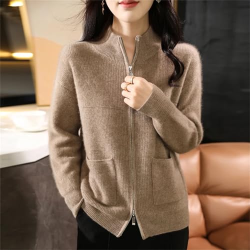 Women 100 Percent Merino Wool Sweater Half-high Collar Cardigan Thickening Tops Cashmere Zipper Knitting Jacket2